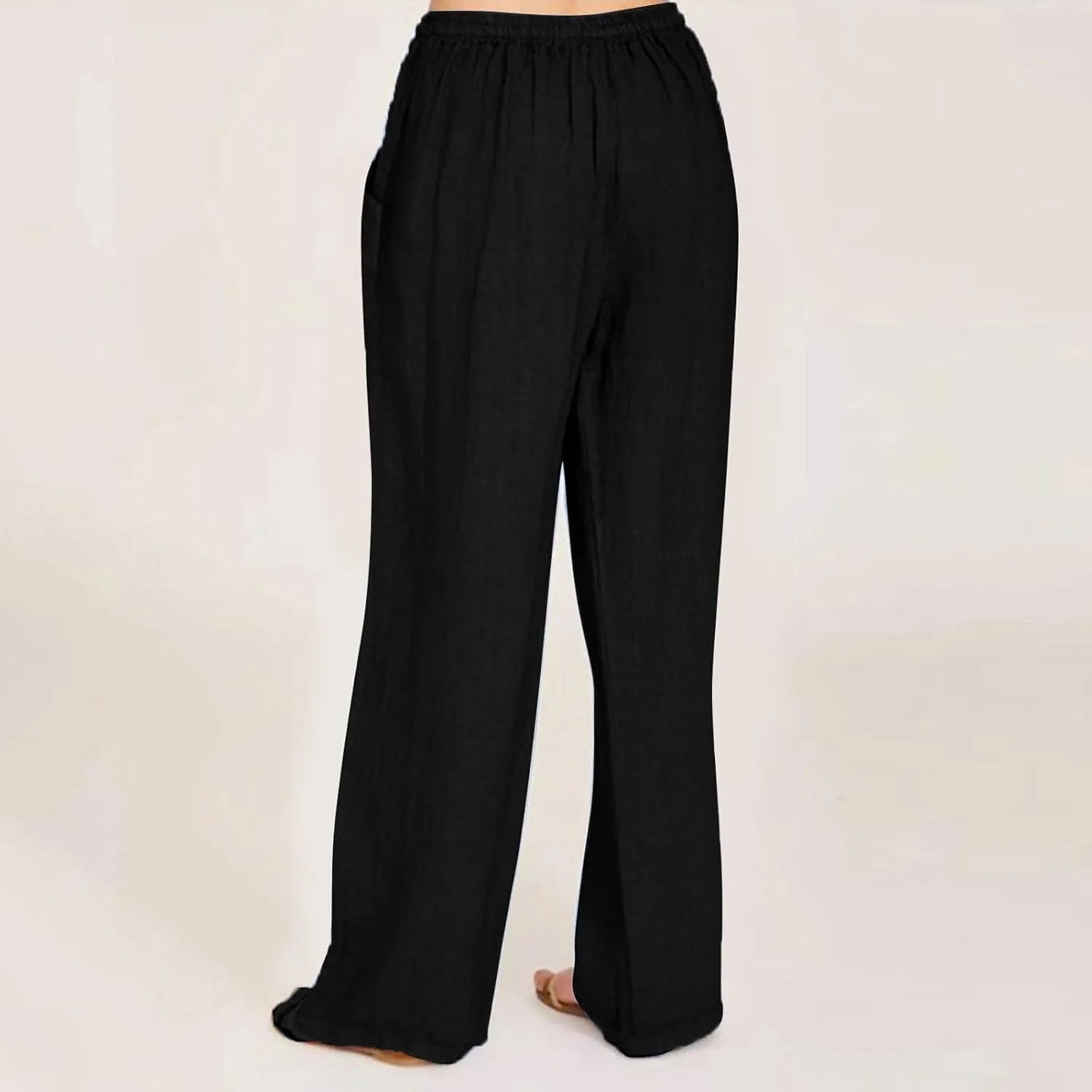 Cotton Linen Pants for Women Casual Straight Leg Trousers Drawstring High Waist Summer Wide Leg Pants with Pockets