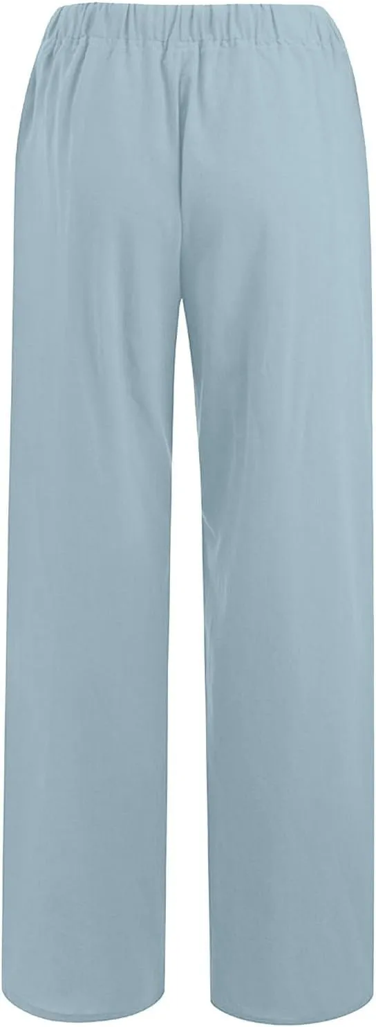 Cotton Linen Pants for Women Casual Straight Leg Trousers Drawstring High Waist Summer Wide Leg Pants with Pockets