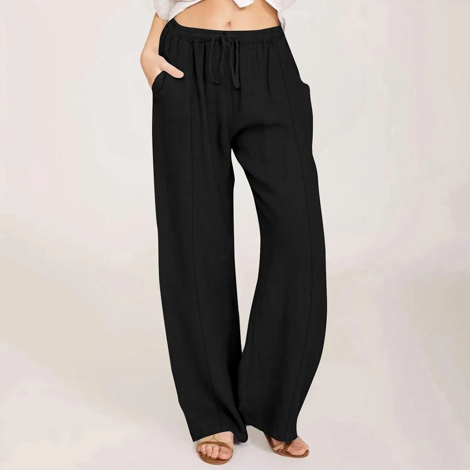 Cotton Linen Pants for Women Casual Straight Leg Trousers Drawstring High Waist Summer Wide Leg Pants with Pockets