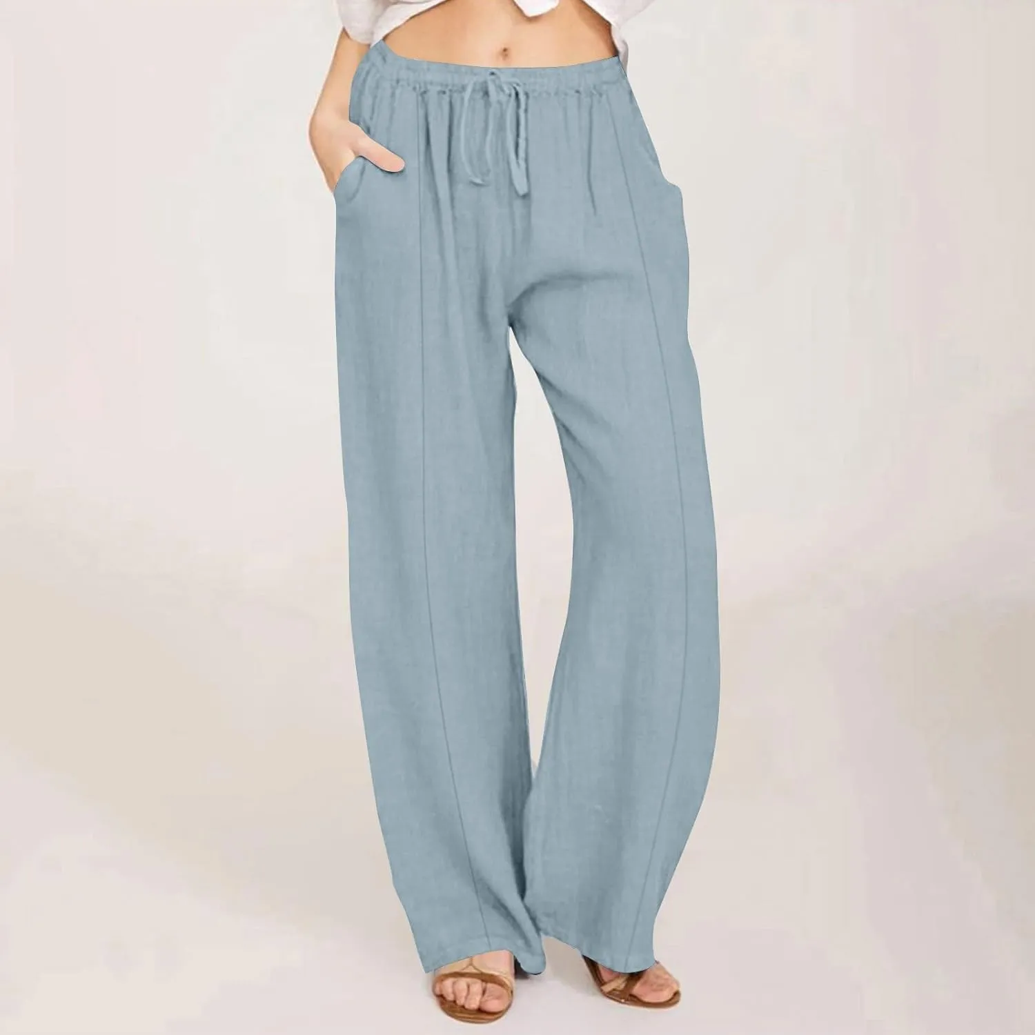 Cotton Linen Pants for Women Casual Straight Leg Trousers Drawstring High Waist Summer Wide Leg Pants with Pockets