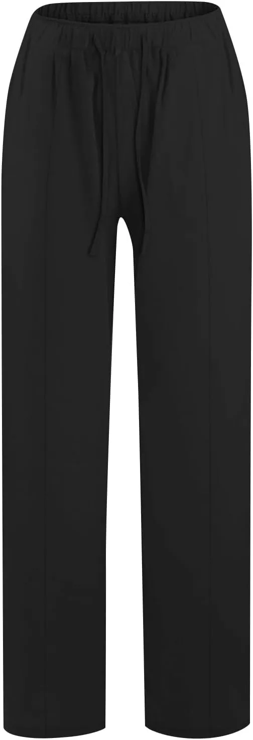 Cotton Linen Pants for Women Casual Straight Leg Trousers Drawstring High Waist Summer Wide Leg Pants with Pockets