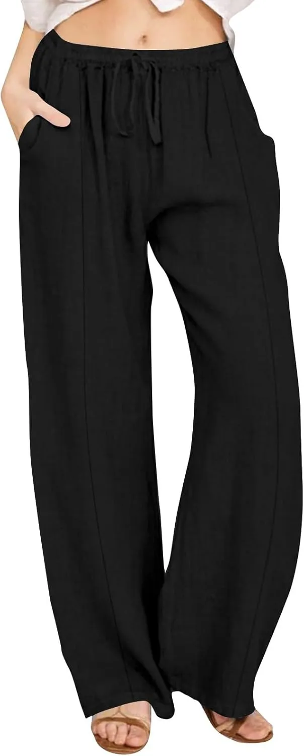 Cotton Linen Pants for Women Casual Straight Leg Trousers Drawstring High Waist Summer Wide Leg Pants with Pockets