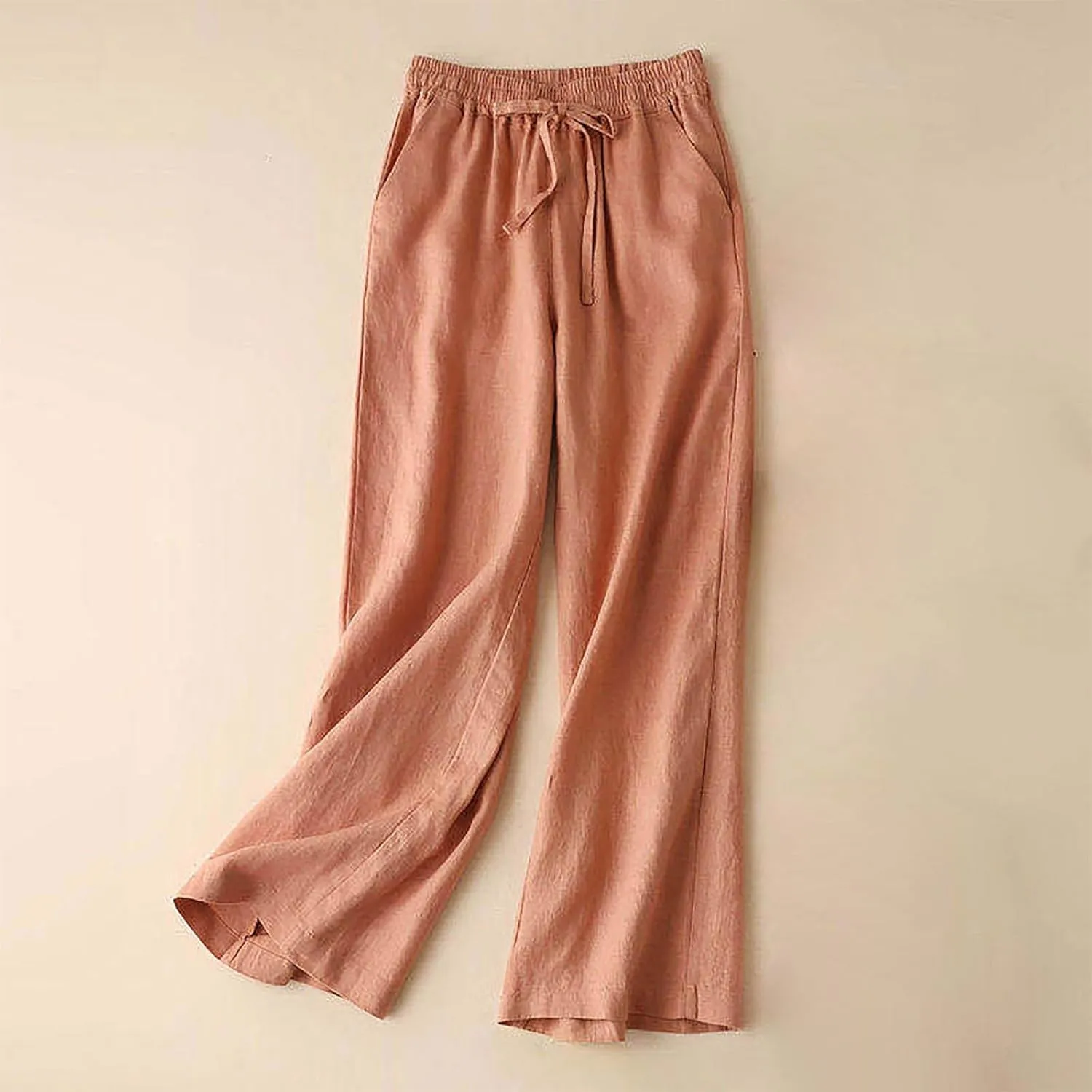 Cotton Linen Pants Women Casual Drawstring Elastic Waist Straight Leg Trousers Solid Color Lounge Pocket Pants