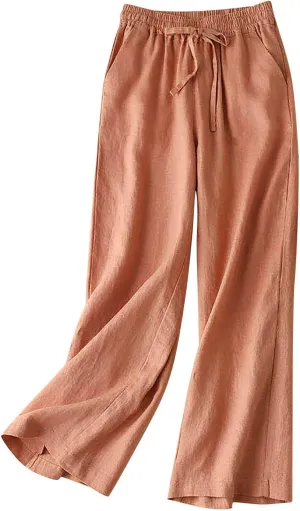 Cotton Linen Pants Women Casual Drawstring Elastic Waist Straight Leg Trousers Solid Color Lounge Pocket Pants