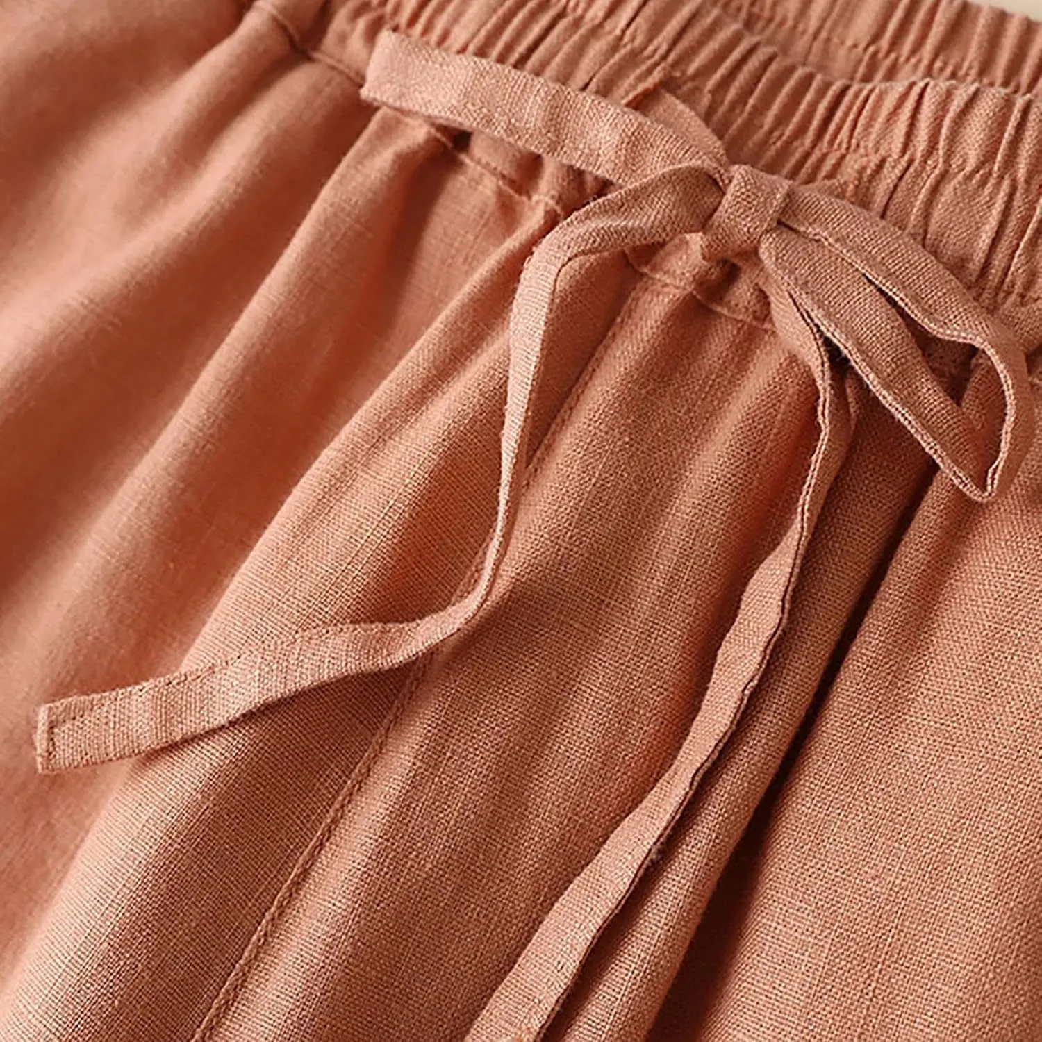 Cotton Linen Pants Women Casual Drawstring Elastic Waist Straight Leg Trousers Solid Color Lounge Pocket Pants