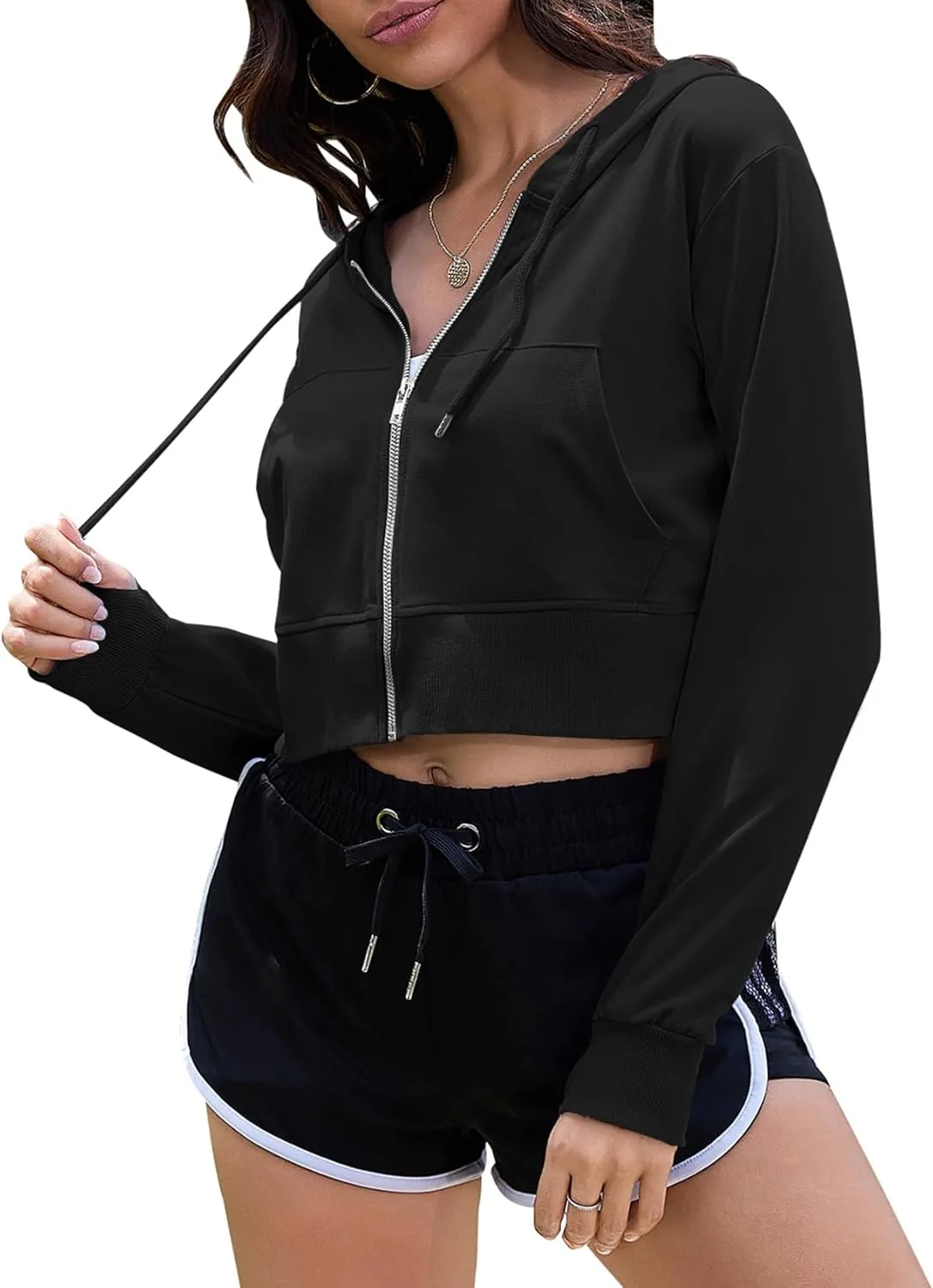 COZYPOIN Women's Zip Up Hoodies Cropped Casual Pocketed Cardigan Jacket Drawstring Hooded Sweatshirts
