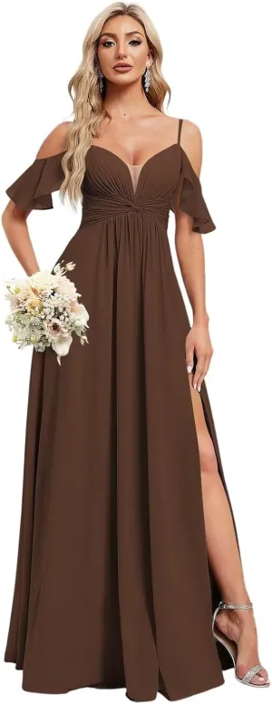 Dessiny Off The Shoulder Bridesmaid Dresses for Women with Slit A Line Chiffon Long Formal Party Dress with Pockets DE01