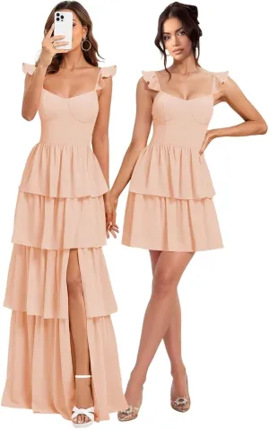 Dessiny Spaghetti Strap Detachable Bridesmaid Dresses with Slit 2025 Tiered Cocktail Party Dresses with Ruffles DE456
