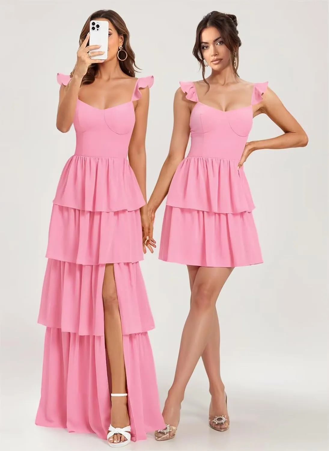 Dessiny Spaghetti Strap Detachable Bridesmaid Dresses with Slit 2025 Tiered Cocktail Party Dresses with Ruffles DE456