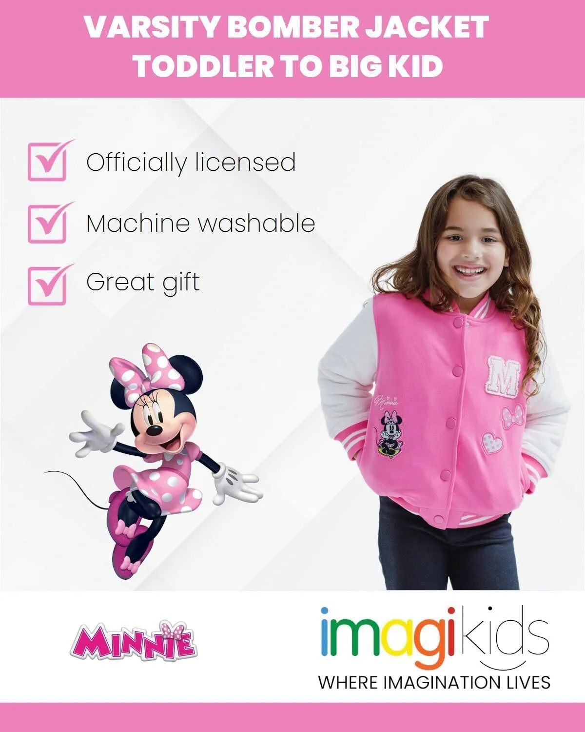 Disney Minnie Mouse Frozen Lilo & Stitch Moana Girls Varsity Bomber Jacket Toddler to Big Kid Sizes (2T - 14-16)