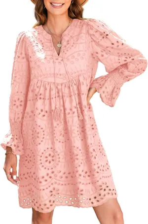 Dokotoo Womens 2024 Casual Dress Tassel V Neck Long Sleeve A Line Hollow Out Lace Ruffle Party Dresses