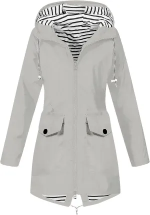 DOLKFU Women Zip Up Raincoats Windbreaker Outwear Long Sleeve Warm Winter Trench Rain Jacket Hooded Outdoor Coat With Pocket