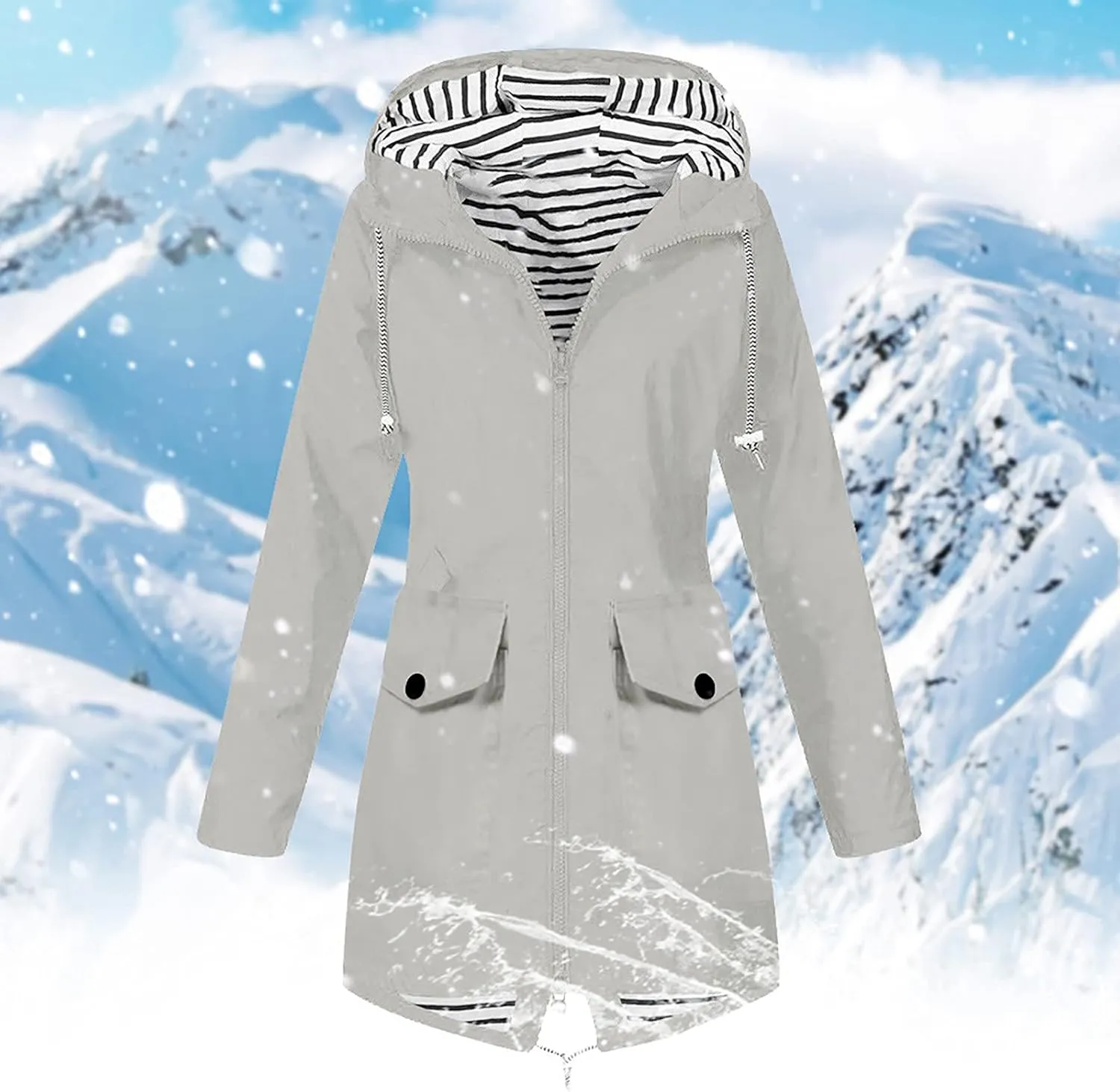 DOLKFU Women Zip Up Raincoats Windbreaker Outwear Long Sleeve Warm Winter Trench Rain Jacket Hooded Outdoor Coat With Pocket
