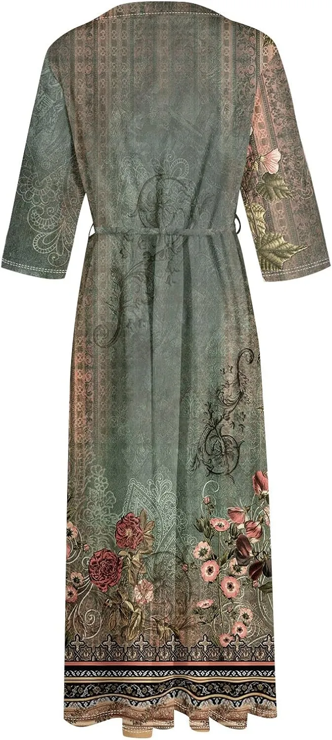 Dresses for Women Summer Floral Long Dress Trendy 3/4 Sleeve Wrap Flowy Beach Dress A Line Boho Vacation Dresses