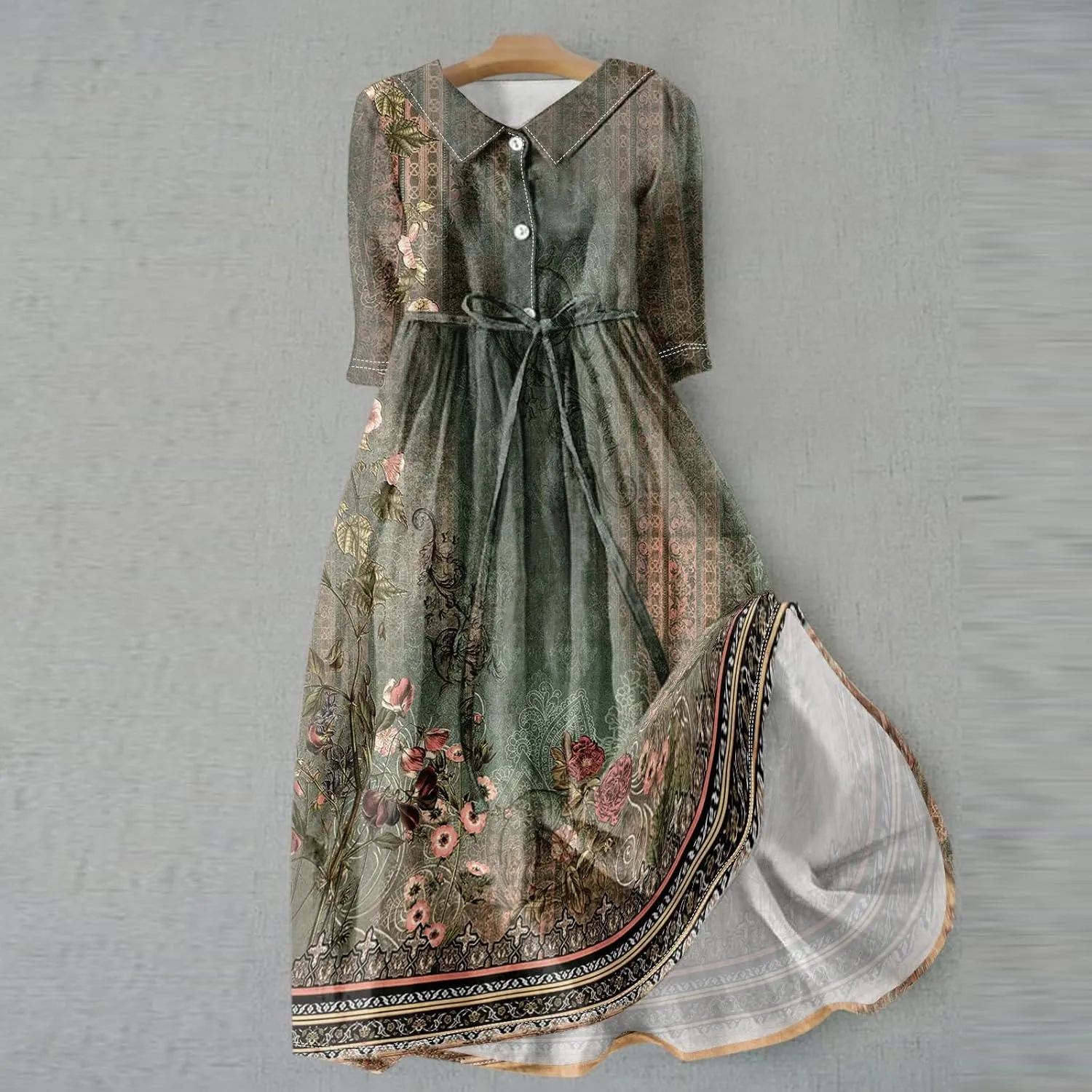 Dresses for Women Summer Floral Long Dress Trendy 3/4 Sleeve Wrap Flowy Beach Dress A Line Boho Vacation Dresses