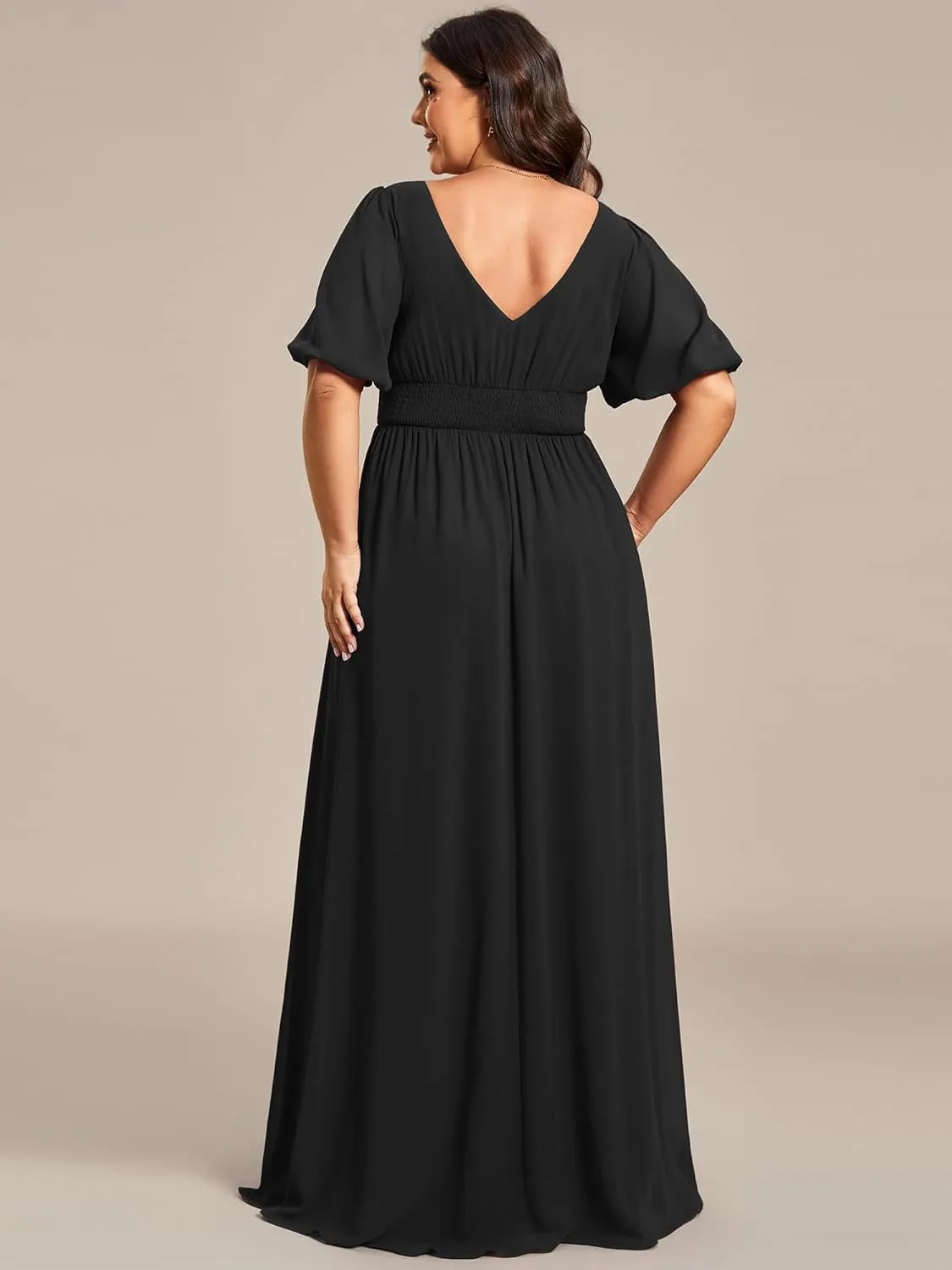 Ever-Pretty Plus Womens V-Neck Puffy Sleeves Empire Waist Ruched Bust A-Line Slit Maxi Plus Size Formal Dress