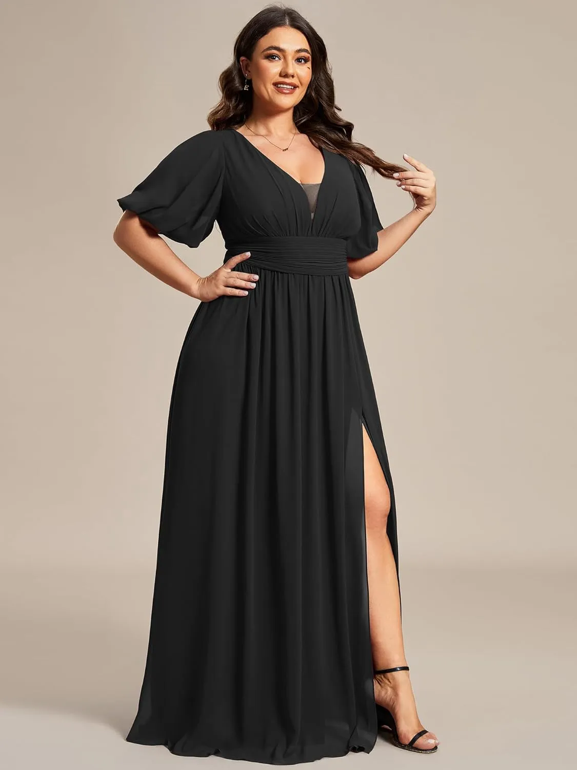 Ever-Pretty Plus Womens V-Neck Puffy Sleeves Empire Waist Ruched Bust A-Line Slit Maxi Plus Size Formal Dress