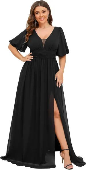 Ever-Pretty Plus Womens V-Neck Puffy Sleeves Empire Waist Ruched Bust A-Line Slit Maxi Plus Size Formal Dress