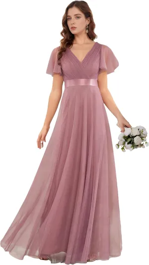 Ever-Pretty Women's Mother of Bride Dress Double V-Neck Empire Waist Front Wrap Tulle Bridesmaid Dress 07962