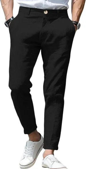 evzosrz Men's Slim-Fit Chino Jogger Pant, Cotton Linen Straight Trousers Casual Flat Front Design Comfortable Pants for Men