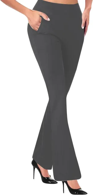 fanmpghleoo Pull On Dress Pants for Women Stretchy Yoga Work Pants High Waisted Flare Leggings with Pockets Office Slacks