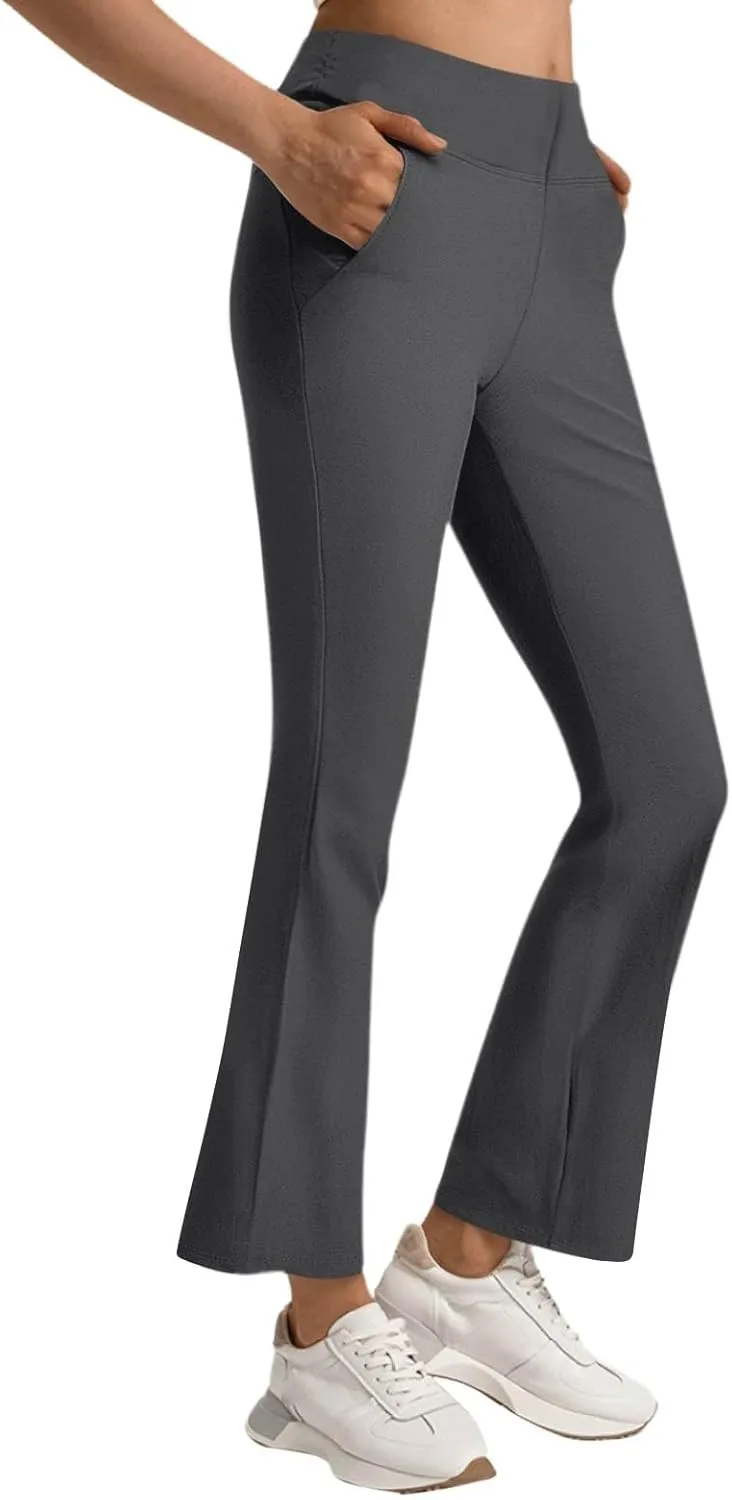 fanmpghleoo Pull On Dress Pants for Women Stretchy Yoga Work Pants High Waisted Flare Leggings with Pockets Office Slacks