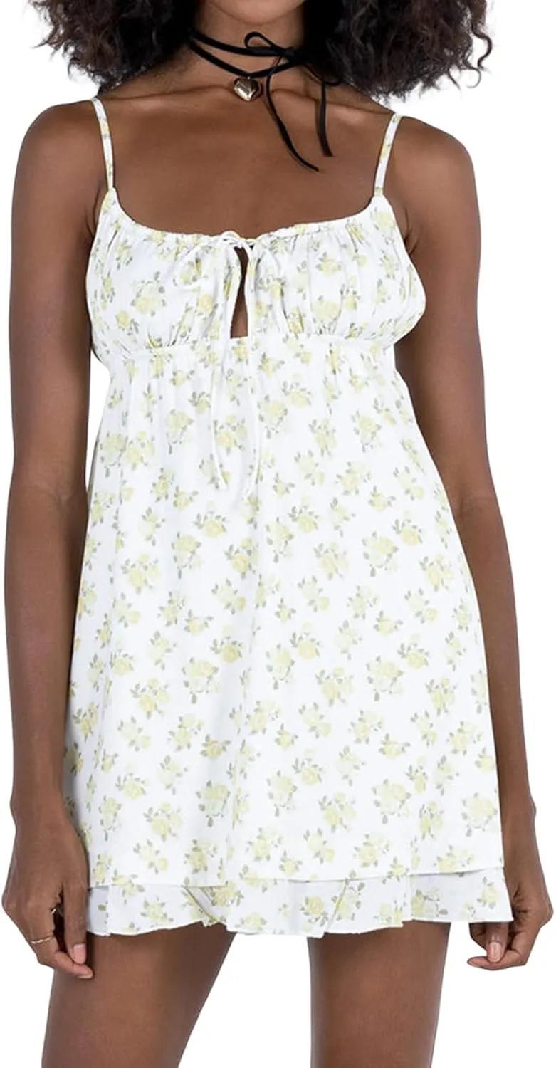 Faretumiya Women 's Ruffle Mini Dress Spaghetti Strap Sleeveless Y2k Going Out Bodycon Sling Sundress A-Line Cocktail Dress