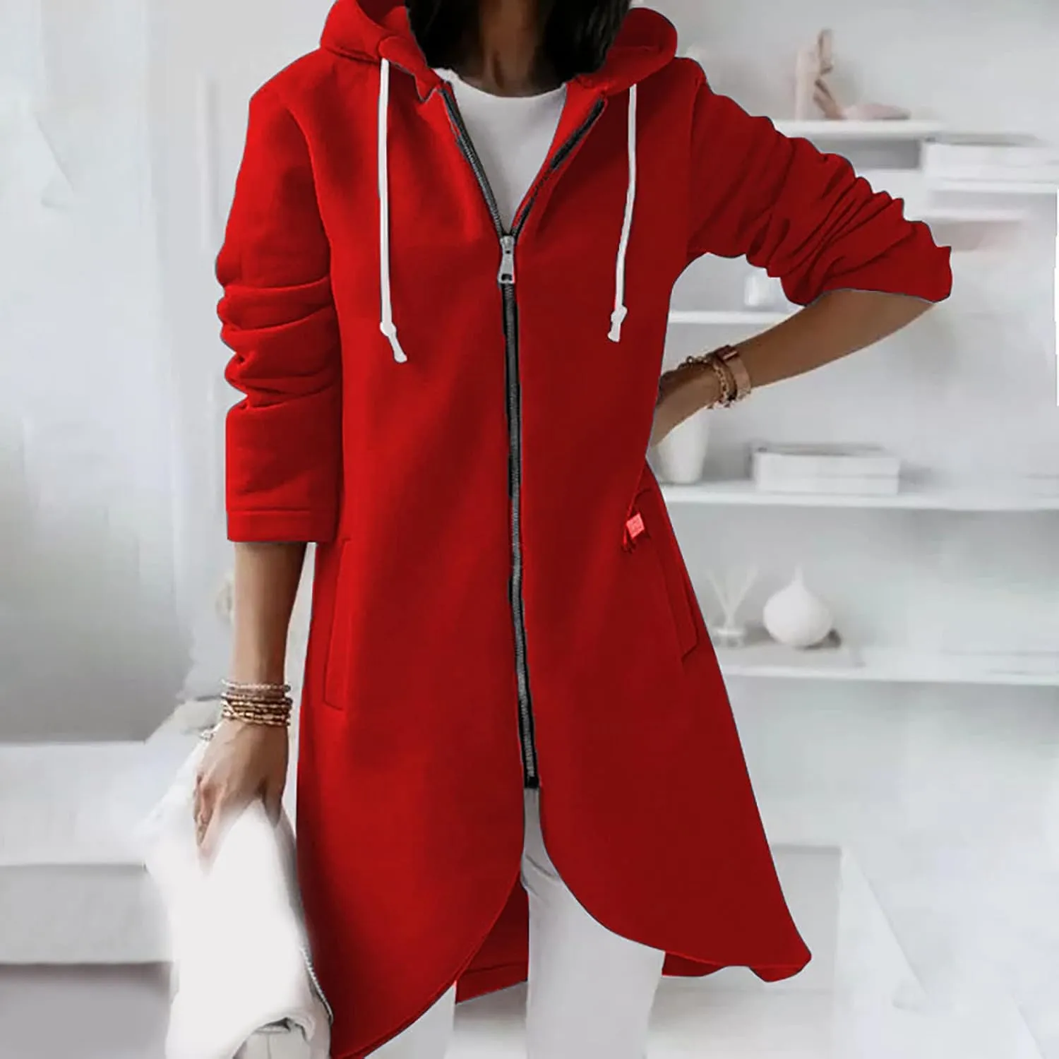fartey Zip Up Hoodie Women Casual Oversized Long Hoodies Long Sleeve Drawstring Asymmetrical Tunic Sweatshirts With Pockets