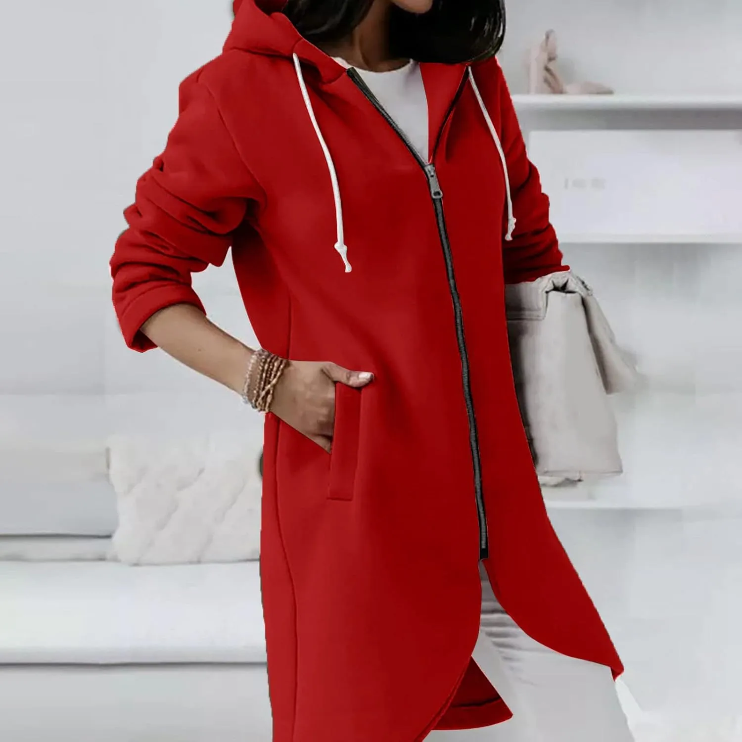 fartey Zip Up Hoodie Women Casual Oversized Long Hoodies Long Sleeve Drawstring Asymmetrical Tunic Sweatshirts With Pockets