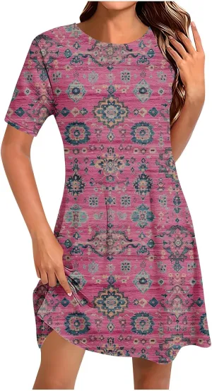Fashion Summer Dresses for Women's 2025 Trendy Boho Floral Print Dress Dressy Casual Flowy Short Mini Tshirt Sundress