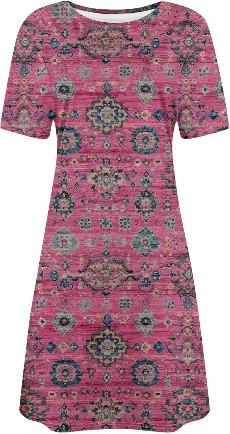 Fashion Summer Dresses for Women's 2025 Trendy Boho Floral Print Dress Dressy Casual Flowy Short Mini Tshirt Sundress