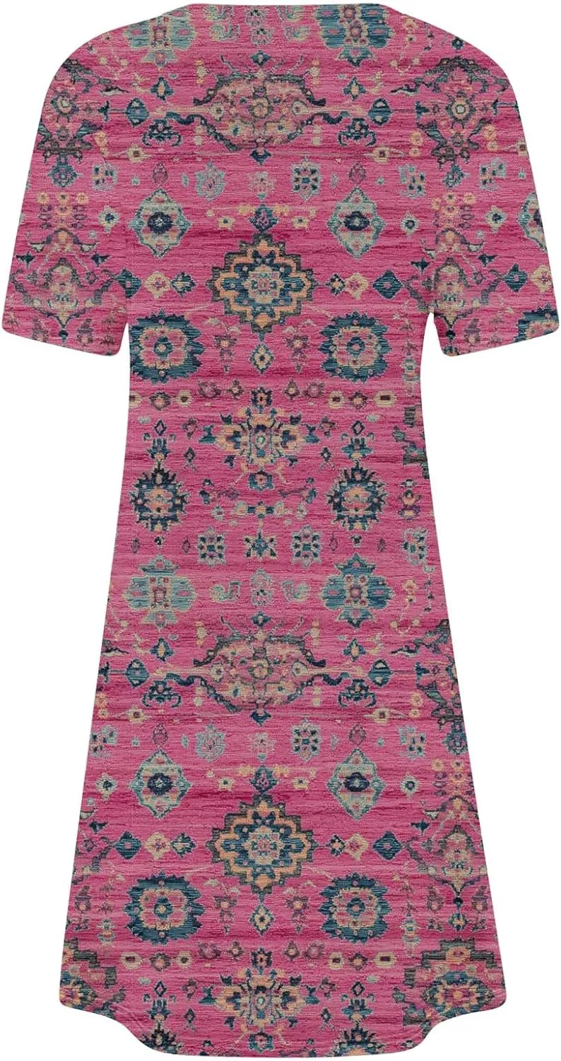 Fashion Summer Dresses for Women's 2025 Trendy Boho Floral Print Dress Dressy Casual Flowy Short Mini Tshirt Sundress