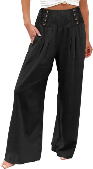 Flare Cropped Dress Pants for Women Casual Summer Wide Leg Linen Sports Trousers with Pockets HIgh Waist Vacation Pants