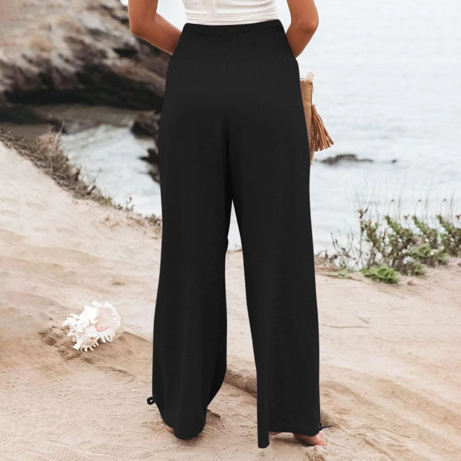 Flare Cropped Dress Pants for Women Casual Summer Wide Leg Linen Sports Trousers with Pockets HIgh Waist Vacation Pants