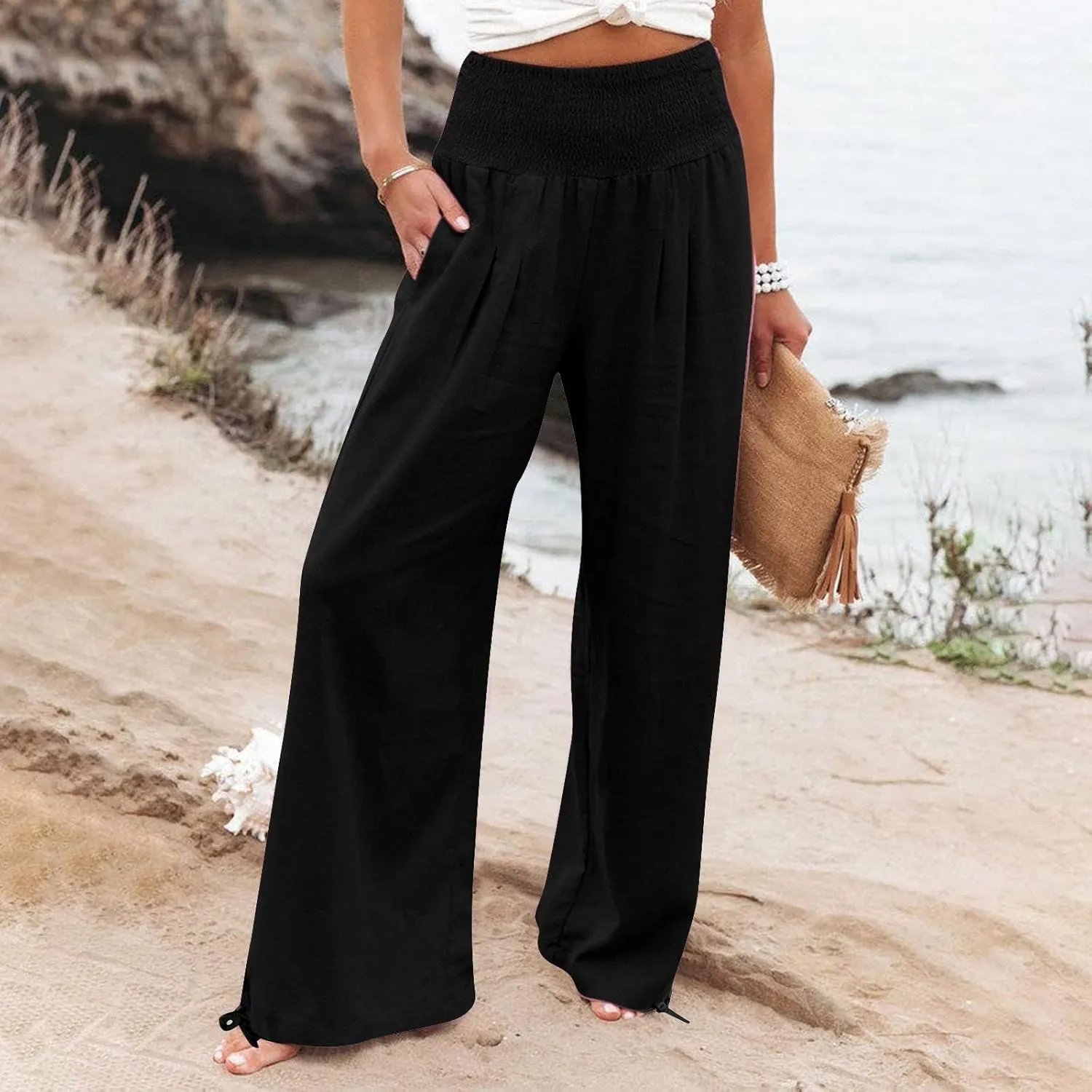 Flare Cropped Dress Pants for Women Casual Summer Wide Leg Linen Sports Trousers with Pockets HIgh Waist Vacation Pants