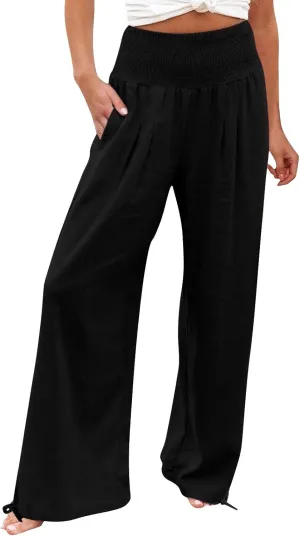 Flare Cropped Dress Pants for Women Casual Summer Wide Leg Linen Sports Trousers with Pockets HIgh Waist Vacation Pants