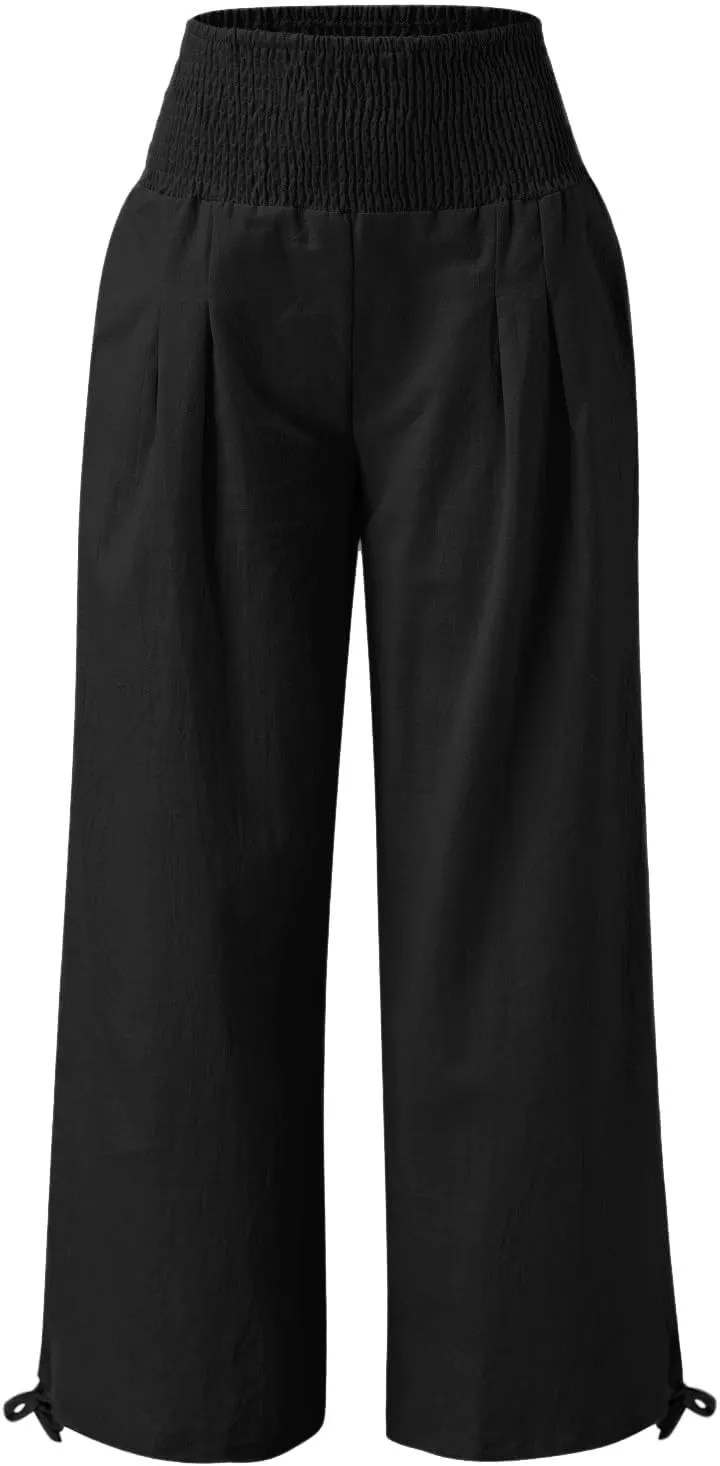 Flare Cropped Dress Pants for Women Casual Summer Wide Leg Linen Sports Trousers with Pockets HIgh Waist Vacation Pants