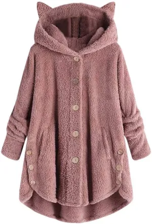 Fleece Hooded Jacket Women,2023 Winter Warm Fuzzy Cute cat Ear Hoodies Sweatshirt Oversized Coat with Pockets