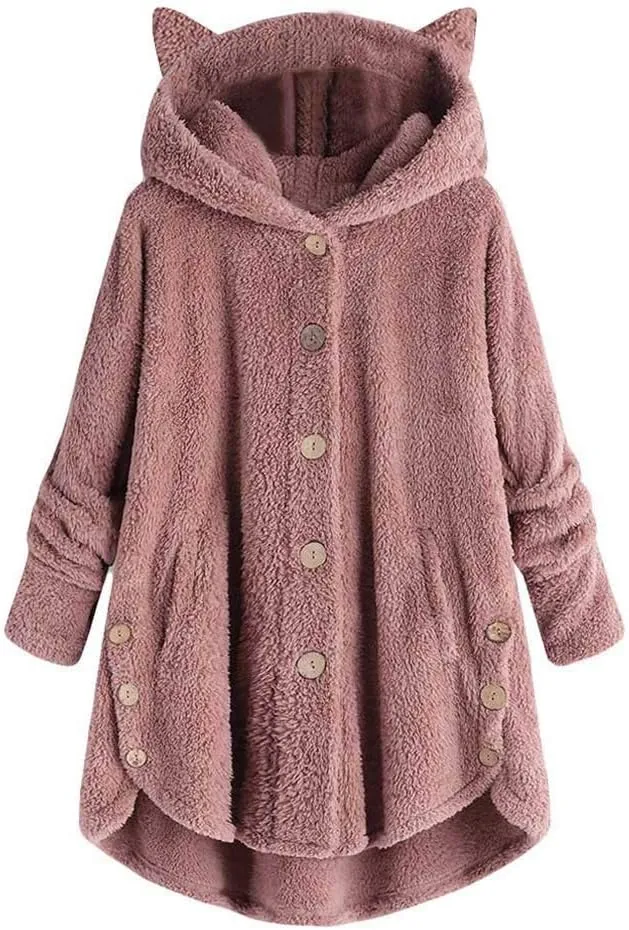 Fleece Hooded Jacket Women,2023 Winter Warm Fuzzy Cute cat Ear Hoodies Sweatshirt Oversized Coat with Pockets
