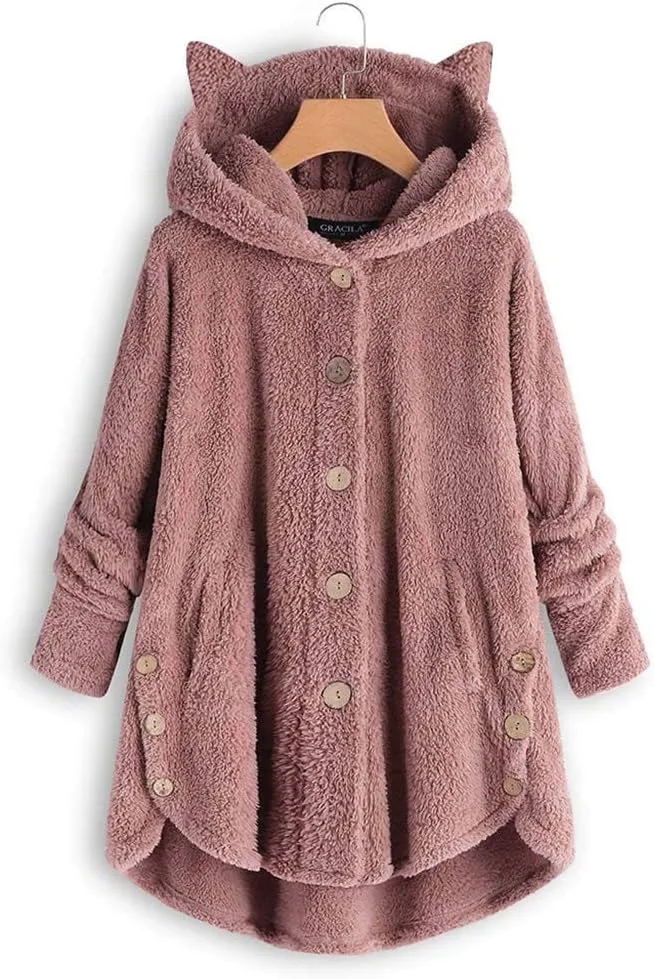 Fleece Hooded Jacket Women,2023 Winter Warm Fuzzy Cute cat Ear Hoodies Sweatshirt Oversized Coat with Pockets