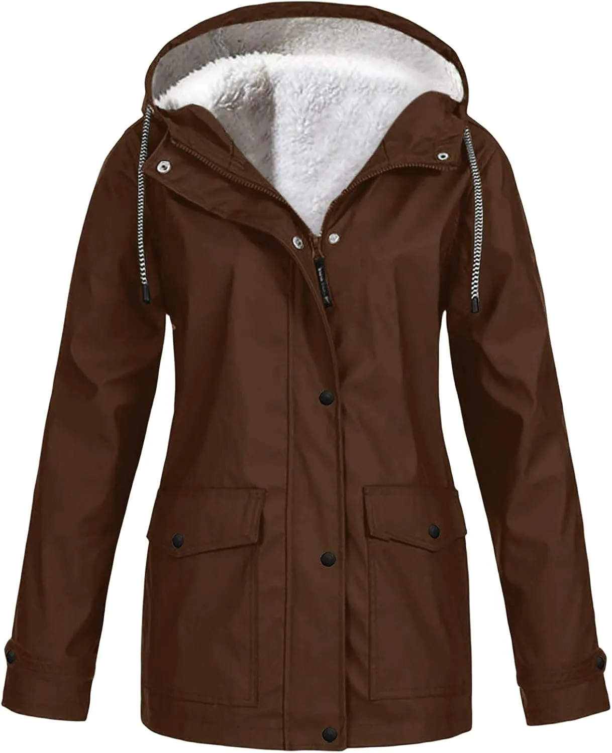 Fleece Lined Raincoat for Women Waterproof Lightweight Zip Up Hooded Jacket Winter Rain Jackets Outdoor Windbreaker