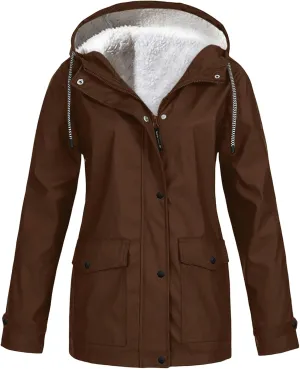 Fleece Lined Raincoat for Women Waterproof Lightweight Zip Up Hooded Jacket Winter Rain Jackets Outdoor Windbreaker