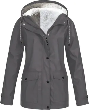 Fleece Lined Raincoat for Women Waterproof Lightweight Zip Up Hooded Jacket Winter Rain Jackets Outdoor Windbreaker