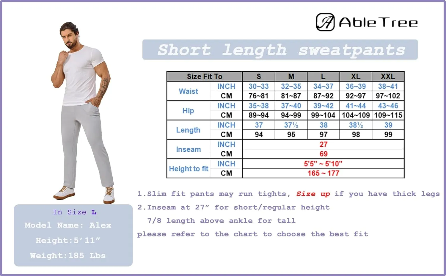 Fleece Lined Sweatpants 27 Inch Inseam Atheltic Joggers Workout Pants for Short Men with Zip Pocket