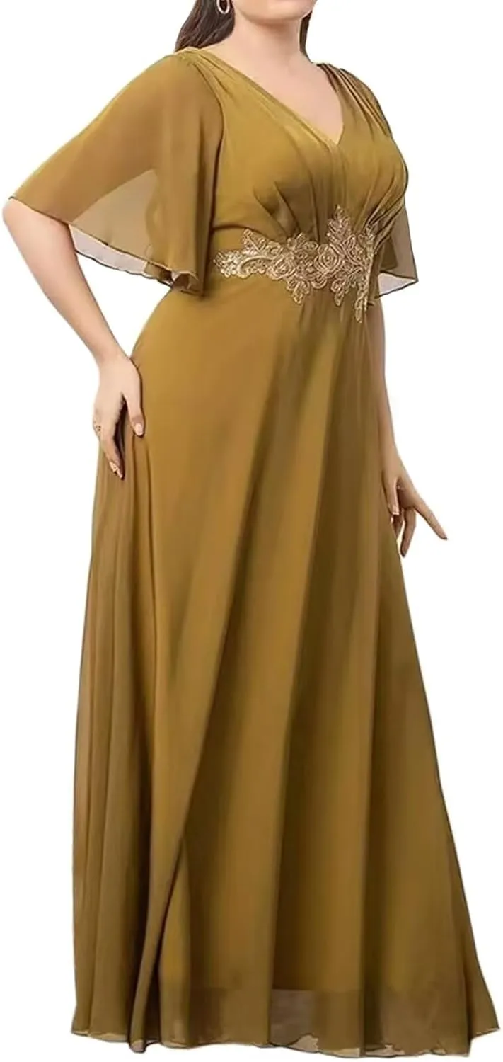 Floor Length Chiffon Mother of The Bride Dresses Flutter Sleeves A-Line Pleated Prom Dresses for Wedding Guest DR0732
