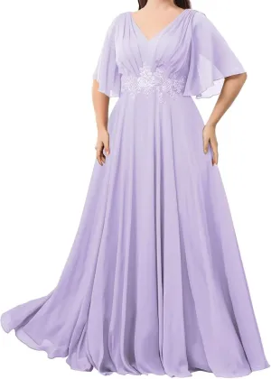 Floor Length Chiffon Mother of The Bride Dresses Flutter Sleeves A-Line Pleated Prom Dresses for Wedding Guest DR0732