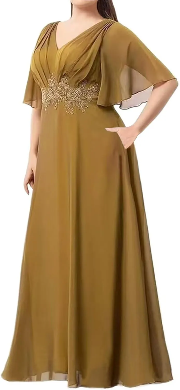 Floor Length Chiffon Mother of The Bride Dresses Flutter Sleeves A-Line Pleated Prom Dresses for Wedding Guest DR0732