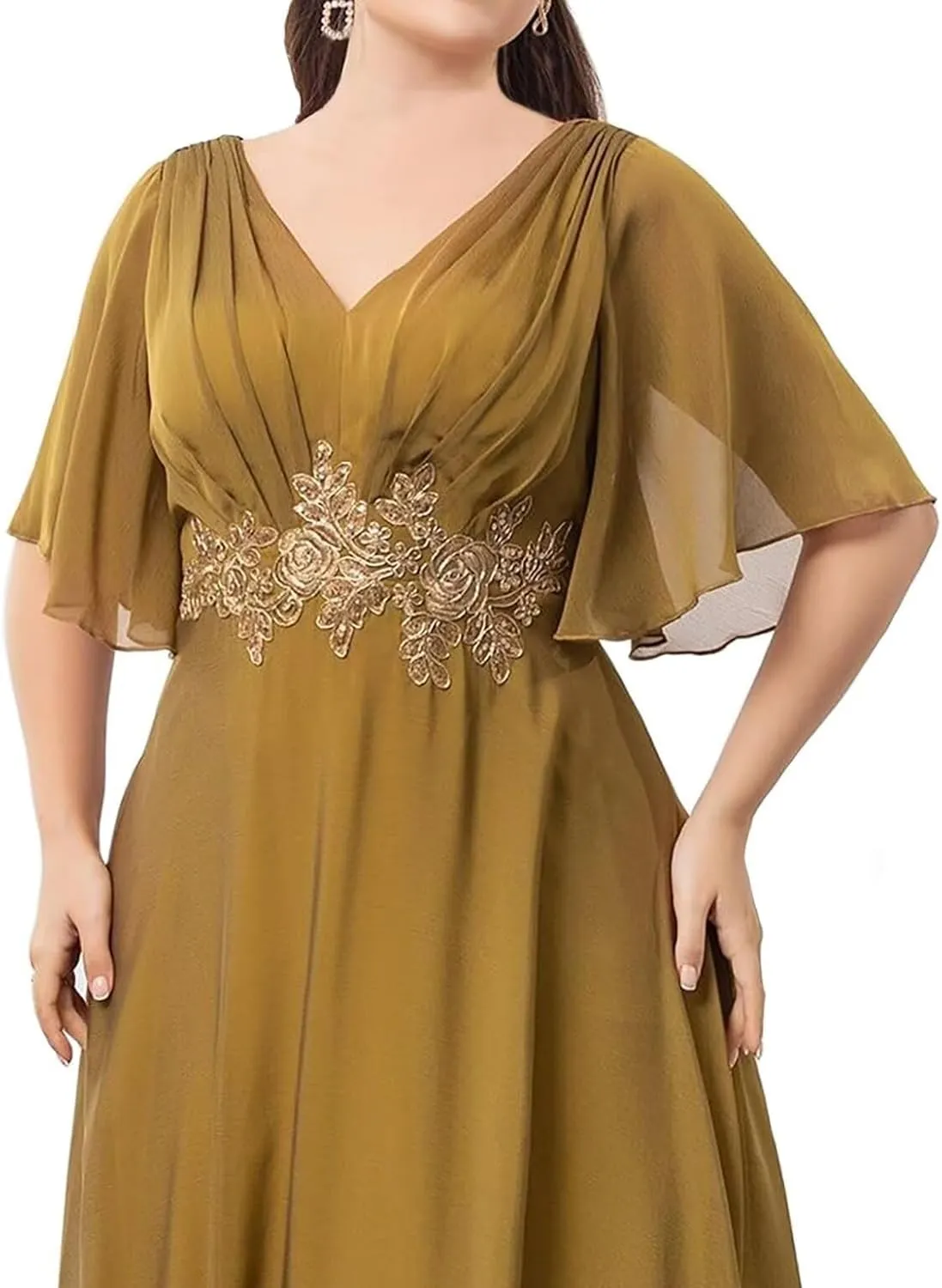 Floor Length Chiffon Mother of The Bride Dresses Flutter Sleeves A-Line Pleated Prom Dresses for Wedding Guest DR0732