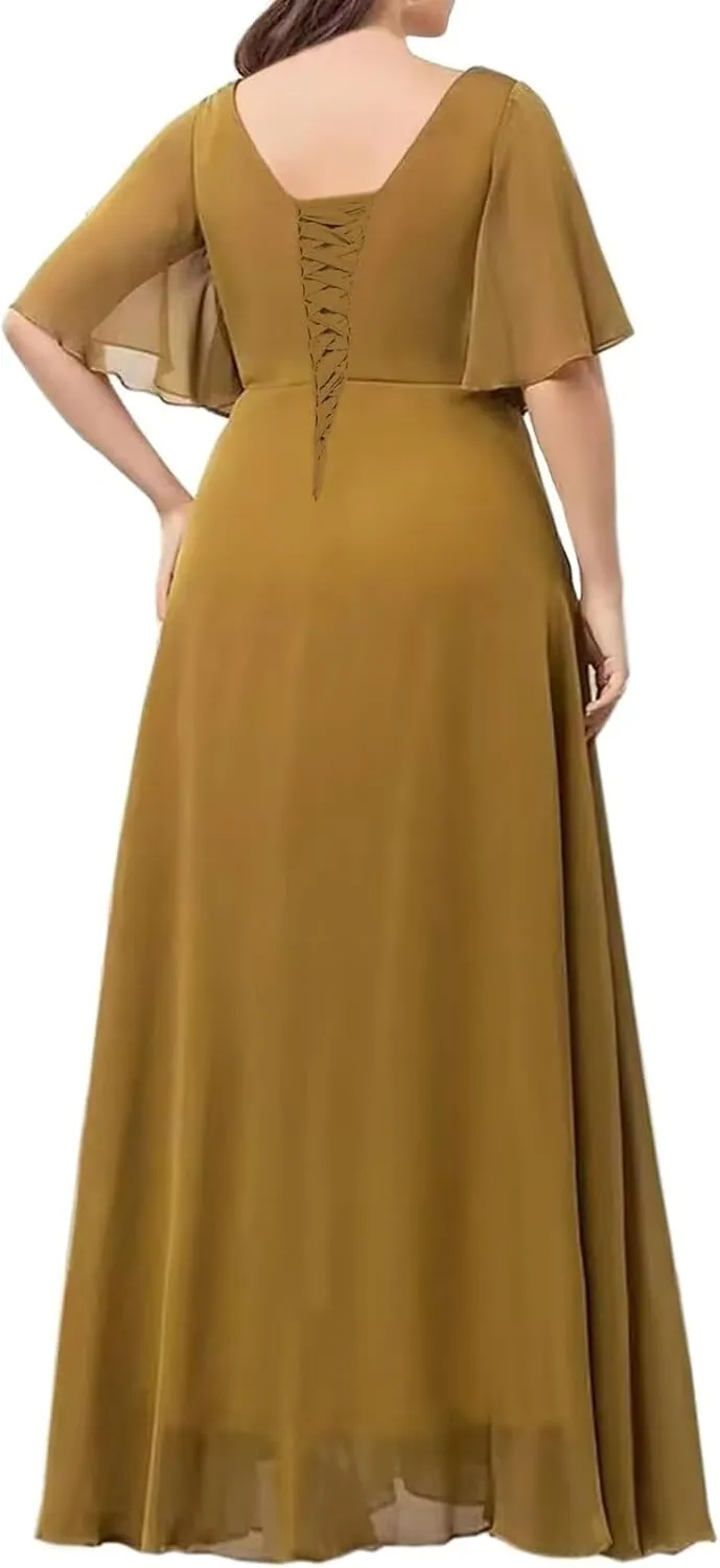 Floor Length Chiffon Mother of The Bride Dresses Flutter Sleeves A-Line Pleated Prom Dresses for Wedding Guest DR0732