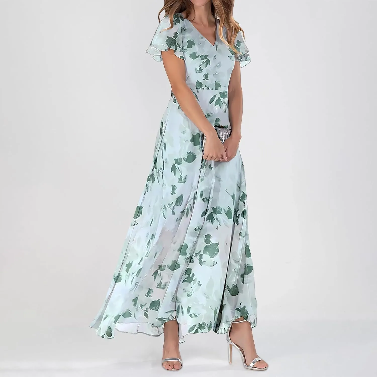 Floral Maxi Dresses for Women 2024 Casual Short Ruffle Sleeve V Neck Boho Dress Ruffle Hem Flowy Dress